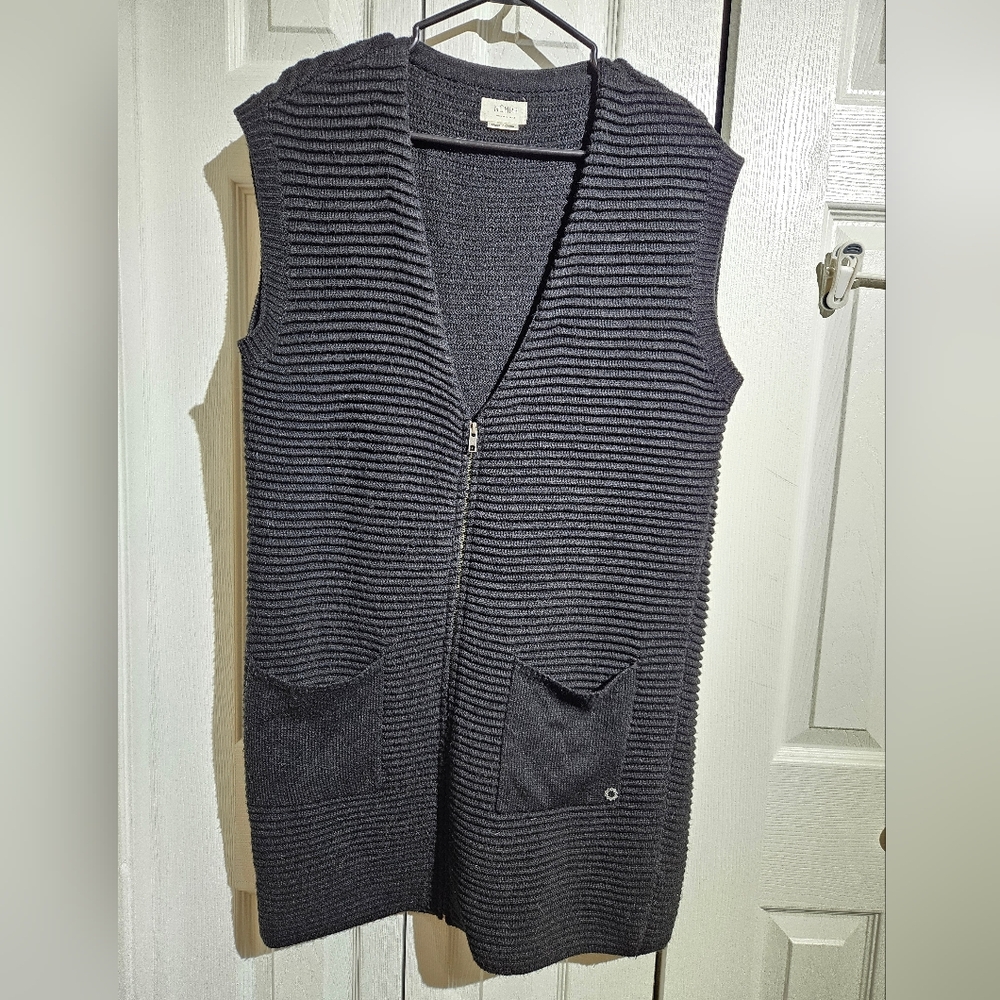 NUMPH Knit Sweater Vest | Long Black Zip Up 15% Wool Size Large